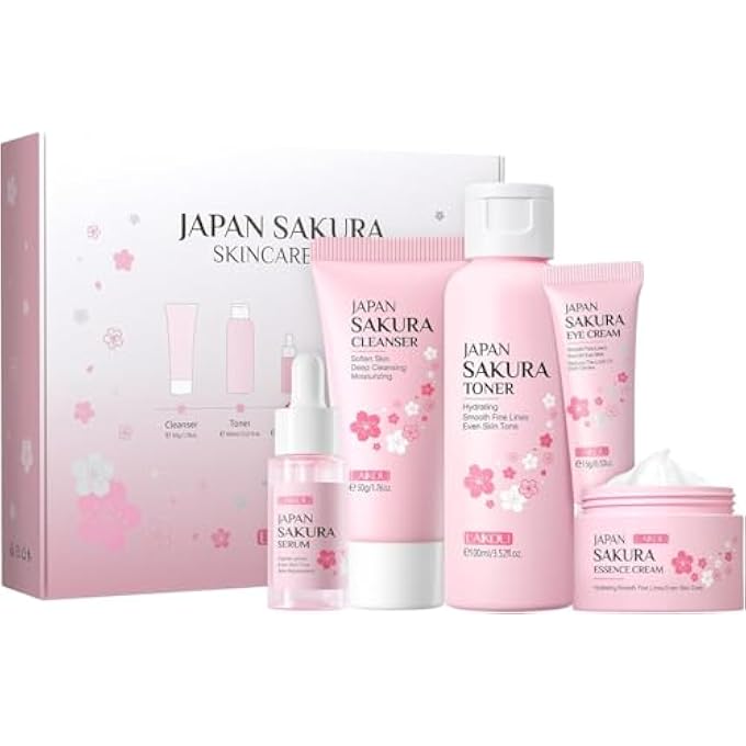 STRBOXONG JAPAN SAKURA SKINCARE SET 5PCS (CLEANSER 50G, TONER 100ML, SERUM 17ML, EYECREAM 15G, FACE CREAM 25G) DEEP NOURISHING & MOISTURIZING SKINCARE, SPA, FACIAL CARE GIFT BOXES FOR WOMEN, GIRLS, MOM - Image 1